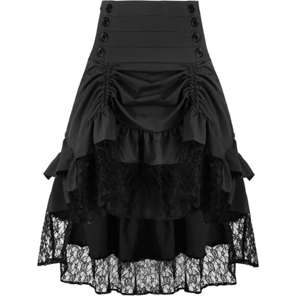 Women's Gothic Steampunk Pleated Asymmetrical Hi-Low Lace Skirt